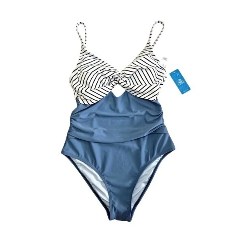 Cupshe Striped Twist Front Ruched One Piece Swimsuit Blue‎ White Small NWT